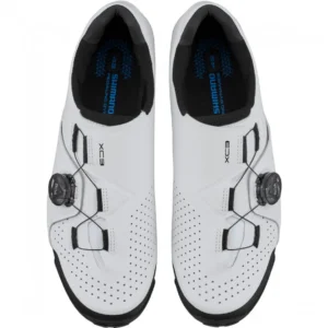 White Shimano XC3 MTB cycling shoes with BOA closure system, top view.