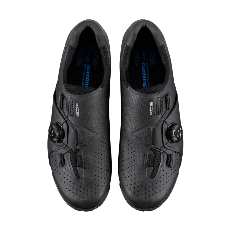 Black Shimano XC3 MTB cycling shoes, top view.