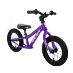 Purple "Racer" 12-inch balance bike for kids, side view. Great training bicycle for young children.
