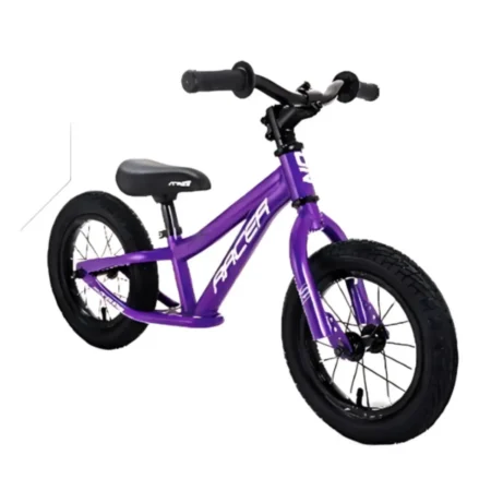 Purple "Racer" 12-inch balance bike for kids, side view. Great training bicycle for young children.