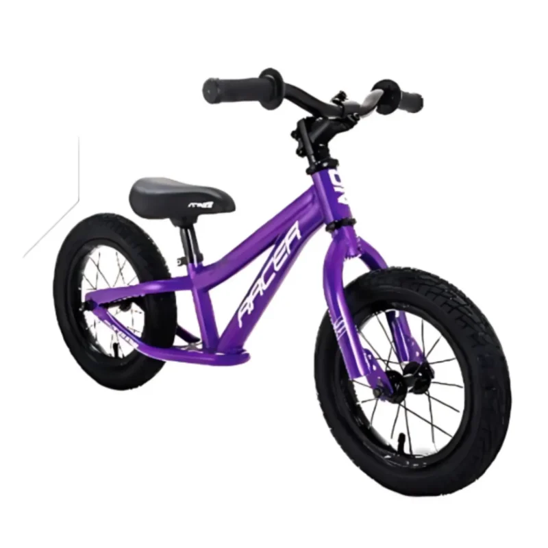 Purple "Racer" 12-inch balance bike for kids, side view. Great training bicycle for young children.
