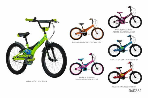 Pilot 20 BMX imported bicycle in various colors: green/blue, orange/mocha, purple/pink, magenta/pink, blue/green, red/yellow.