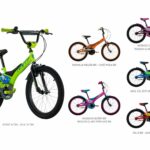 Pilot 20 BMX imported bicycle in various colors: green/blue, orange/mocha, purple/pink, magenta/pink, blue/green, red/yellow.