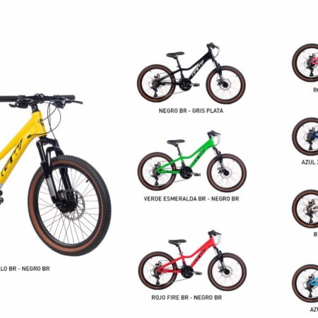 Monkey Rin 20 MTB kids bike in various colors: yellow, black, pink, blue, green, white, red, and cyan.