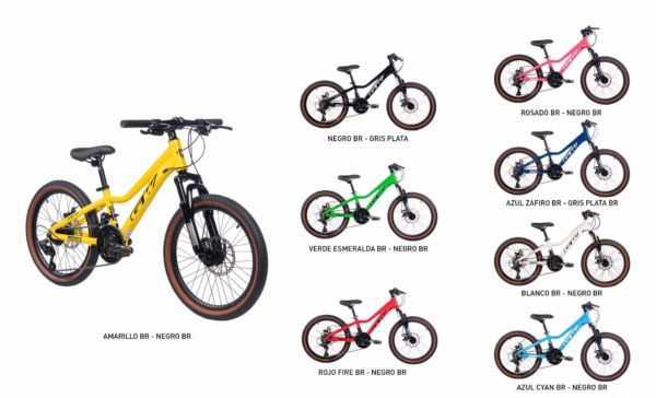 Monkey Rin 20 MTB kids bike in various colors: yellow, black, pink, blue, green, white, red, and cyan.