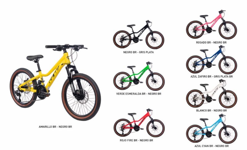 Monkey Rin 20 MTB kids bike in various colors: yellow, black, pink, blue, green, white, red, and cyan.