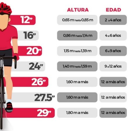 Bike size chart for kids and adults by height and age, from 12" to 29".