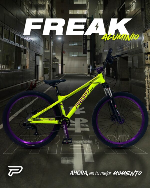 PROFIT FREAK stunt bike with purple rims. "FREAK ALUMINIO" text.