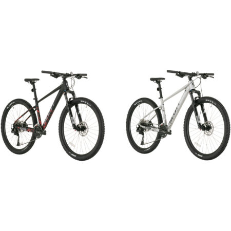 Two Scott Aspect 15 2026 mountain bikes, one black/red, one silver/white, angled for a clear view.
