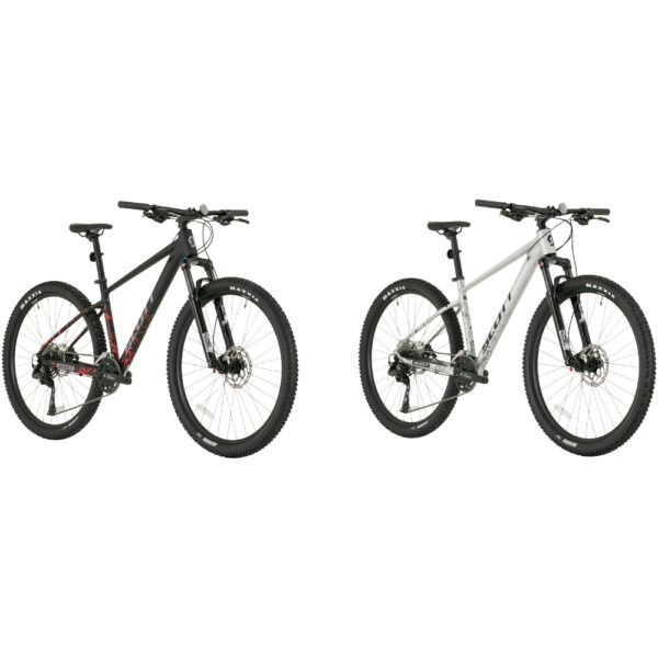 Two Scott Aspect 15 2026 mountain bikes, one black/red, one silver/white, angled for a clear view.