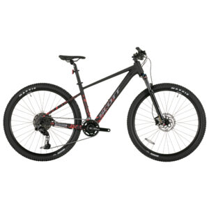 Scott Aspect 15 2026 mountain bike, black frame with red accents, Maxxis tires.